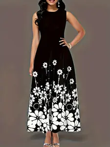 New Summer Fashion Sleeveless Print Floral Loose Round Neck Simple Elegant Maxi Dress, Casual Style, Perfect for Daily Wear, Womenswear, Women's Clothing