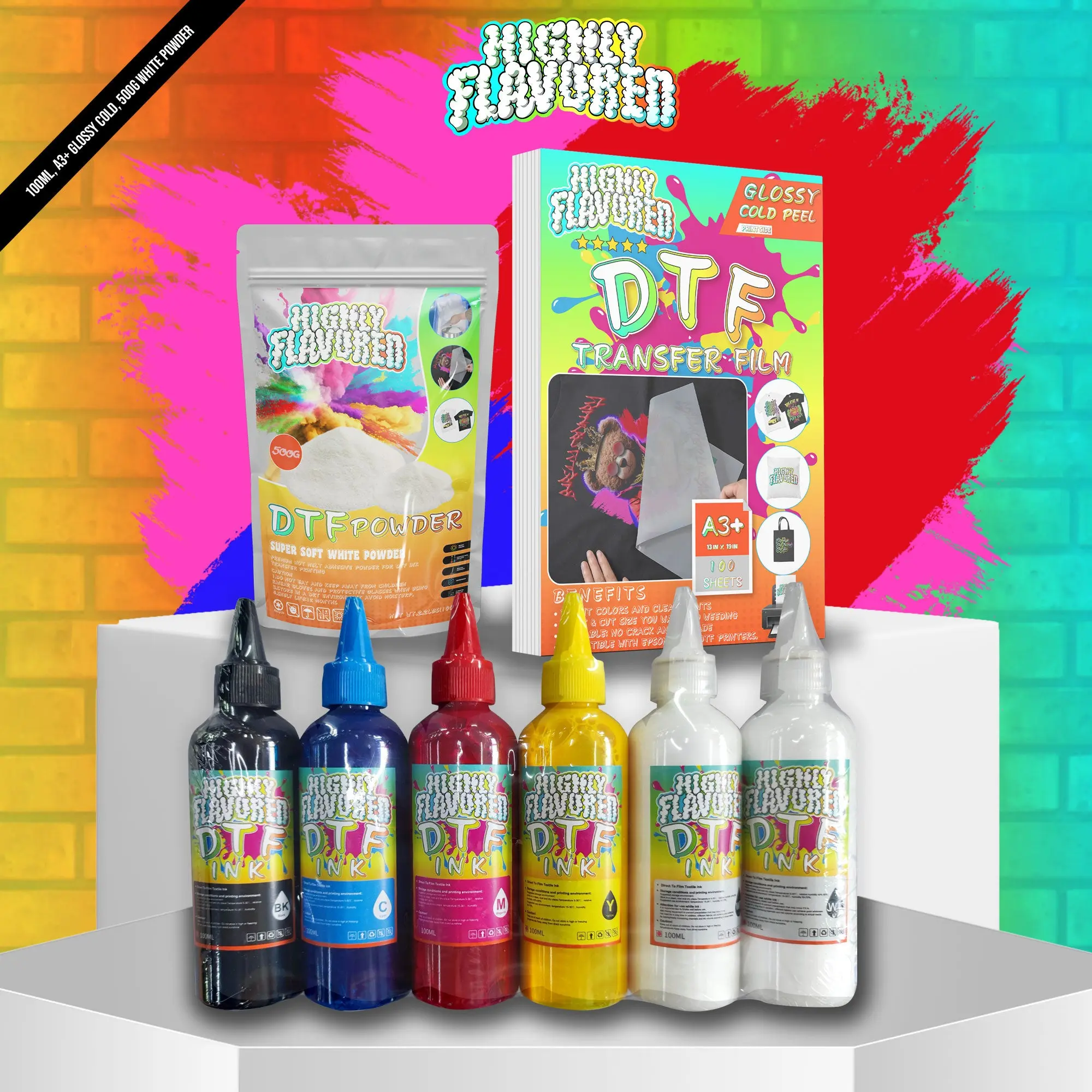 DTF Starter Bundle: A3+(13x19) Cold Peel, 500g Soft Powder & 100ml Ink Set