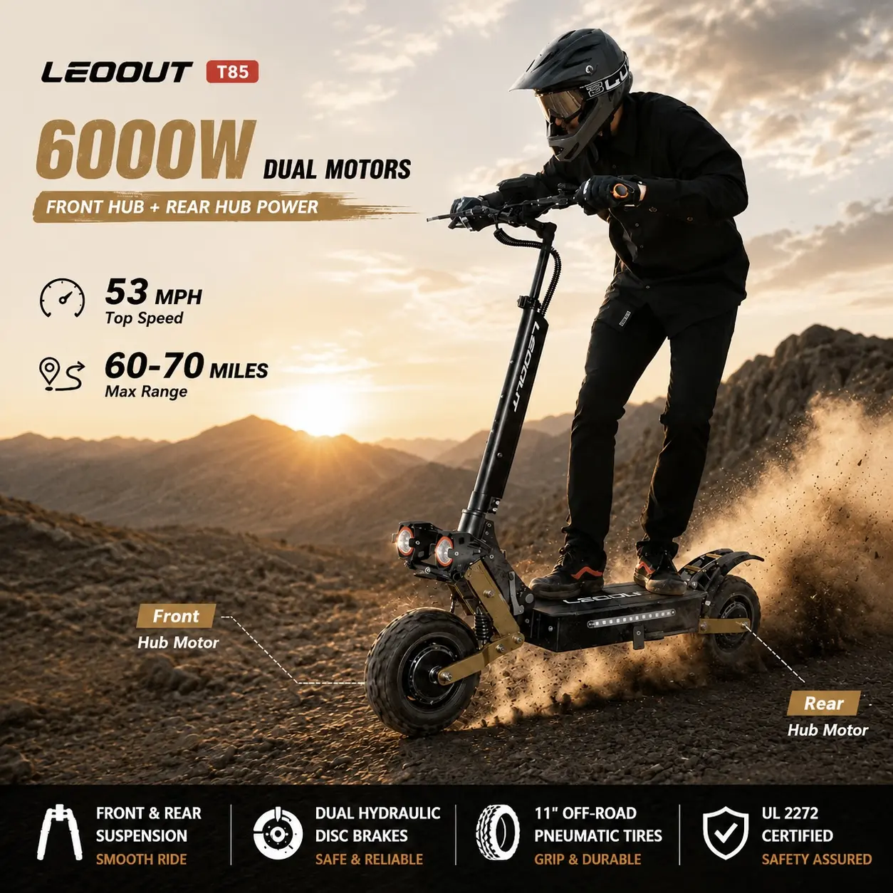LEOOUT T85 Foldable Electric Motorized Scooter for Adults, 6000W Off-Road Motor, 53 MPH & 60 mi Range, Adjustable Handlebar Commuter with Dual Suspension, 11" Fat Tires, Wide Deck Stand, Dual Brakes, Unisex, 30-Day Returns, Motorized Scooters
