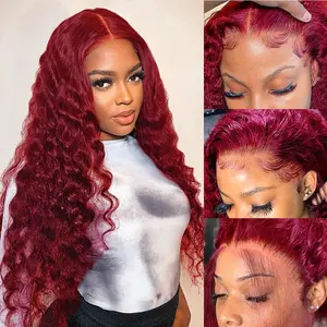 99j Burgundy Lace Front Wigs Human Hair Deep Wave 13x4 Hd Lace Frontal Wigs for Women Glueless Wigs Human Hair Pre Plucked Deep Curly Wet and Wavy Red Colored Lace Front Wig