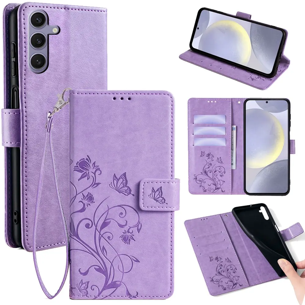 Butterfly Flower PU Leather Magnetic Smartphone Case Protector Cover with Wallet, Lanyard, Card Slot, Stand, Mobile Phone Accessory for Samsung Galaxy S26/S26+/S26 Ultra/A57/A37/A17 Accessories