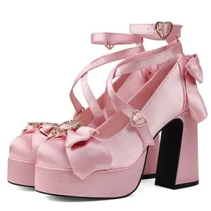 EROCALLI Women's  Lolita Bow Block Platform Heels Cute Ankle Strap Buckle Mary Jane Shoes Closed Toe Sweet Bow Mary Jane Kawaii Chunky Pumps Pink Red Black Princess Birthday Party Wedding