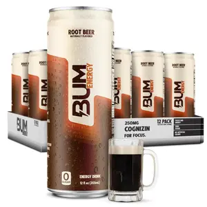 BUM Sugar-Free Energy Drink, 12 - PACK - Lightly Carbonated & No Artificial Colors, Natural Caffeine & Citicoline for Energy & Focus, Brain Boost & Workout Sports Beverage - 12 oz, Pack of 12 with Bum Energy