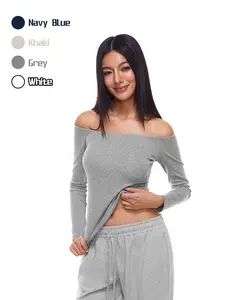 Soft Stretch Long Sleeve Tee Athleisure Off-Shoulder & Boat Neck Tops FDR for Women | Skin-Friendly Knitwear in Black, Grey, Navy Blue, Khaki, White | Fall Layering Essential for Casual Outings Womenswear #Fallfreshness