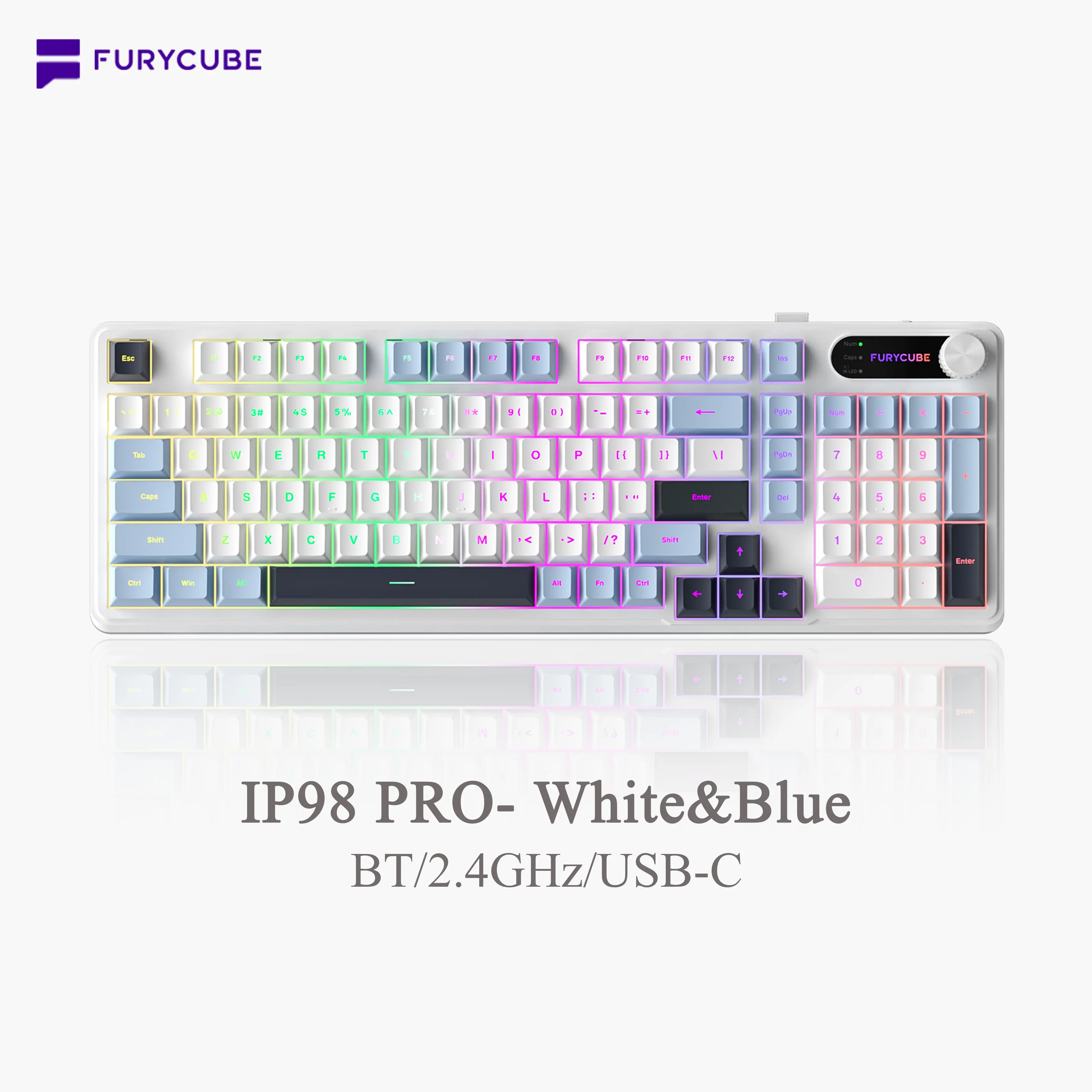 FURYCUBE IP98 PRO Silent Keyboard, Wired/Wireless Cute Shine-through keycaps Gaming Office Keyboard with Number Pad RGB Backlit, Media Knob Custom for MAC Xbox PC Gamer Fixed Keycaps & Switches (Non-Replaceable), Win/MAC Compatible