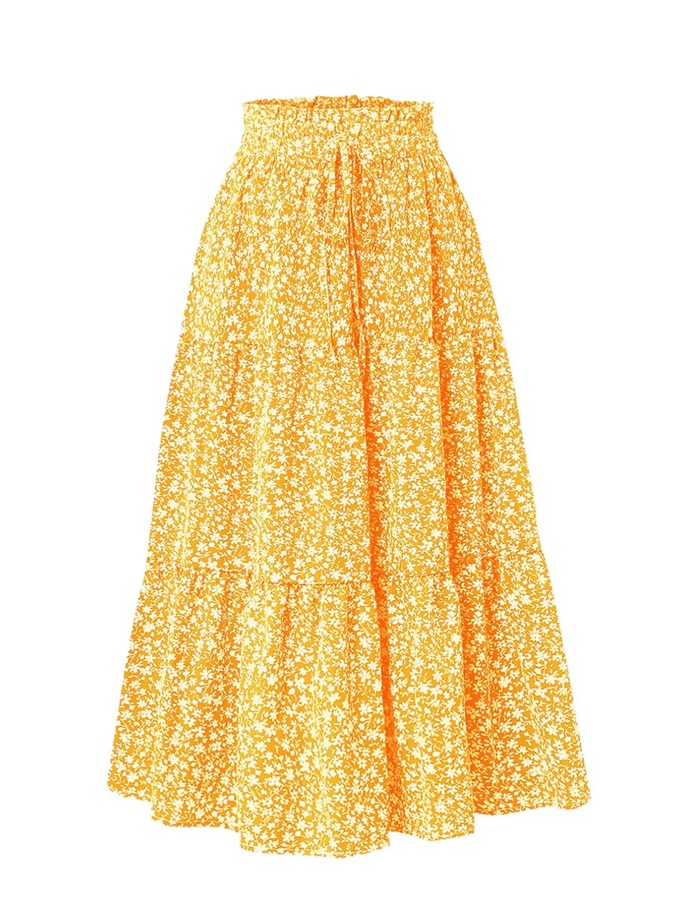 Women's Layered Long Skirt, Ruched Elastic Waist, Flowy Floral Print, Elegant Loose-Fitting, Casual All-Over Print Skirt