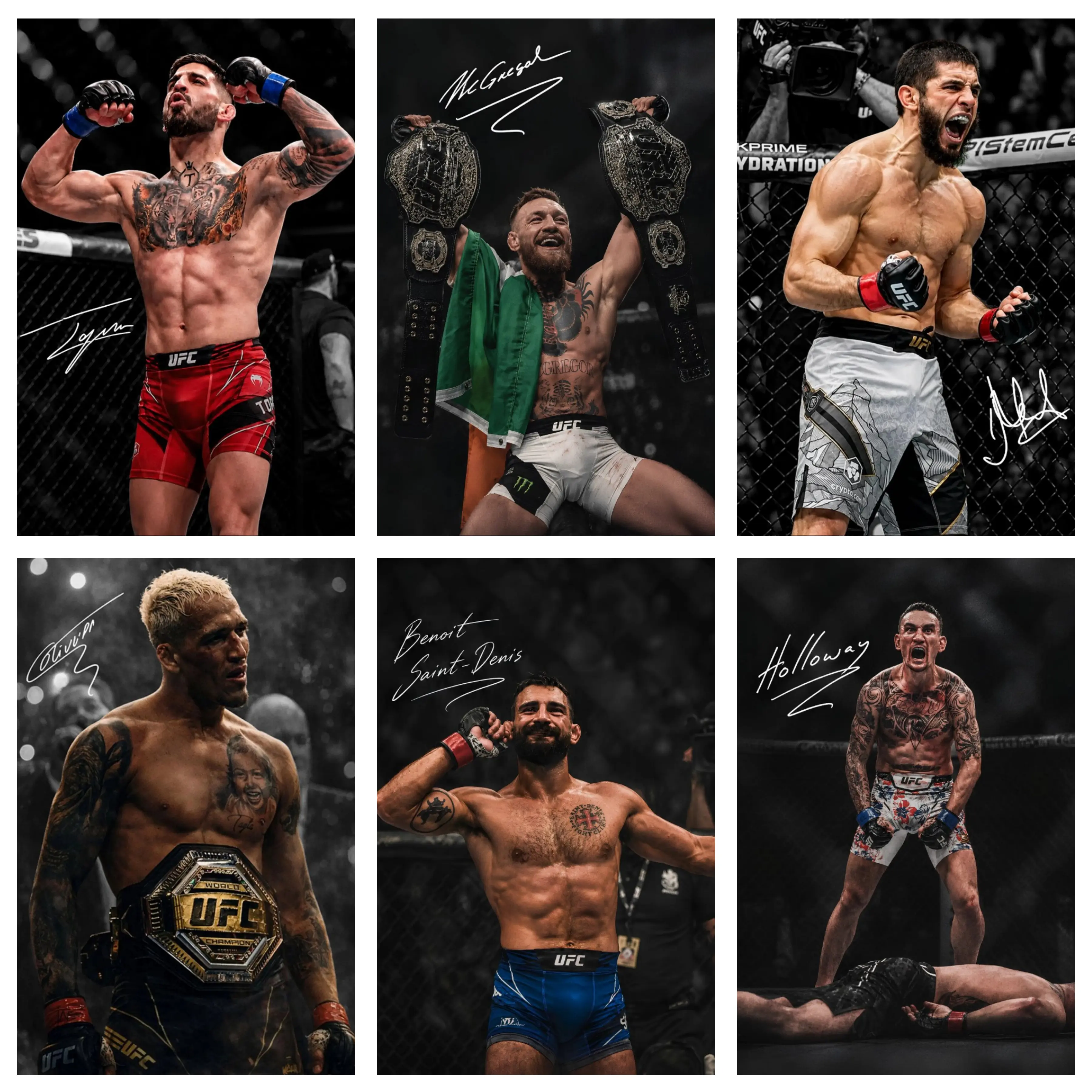 UFC Legends Canvas Wall Art Set - Signed Prints of Conor McGregor, Ilia Topuria, Makhachev, Charles Oliveira, Benoit Saint-Denis, Max Holloway - MMA Fighter Combo Gift for Fight Sports Fans, Cool Unique Room Decor, House Decor