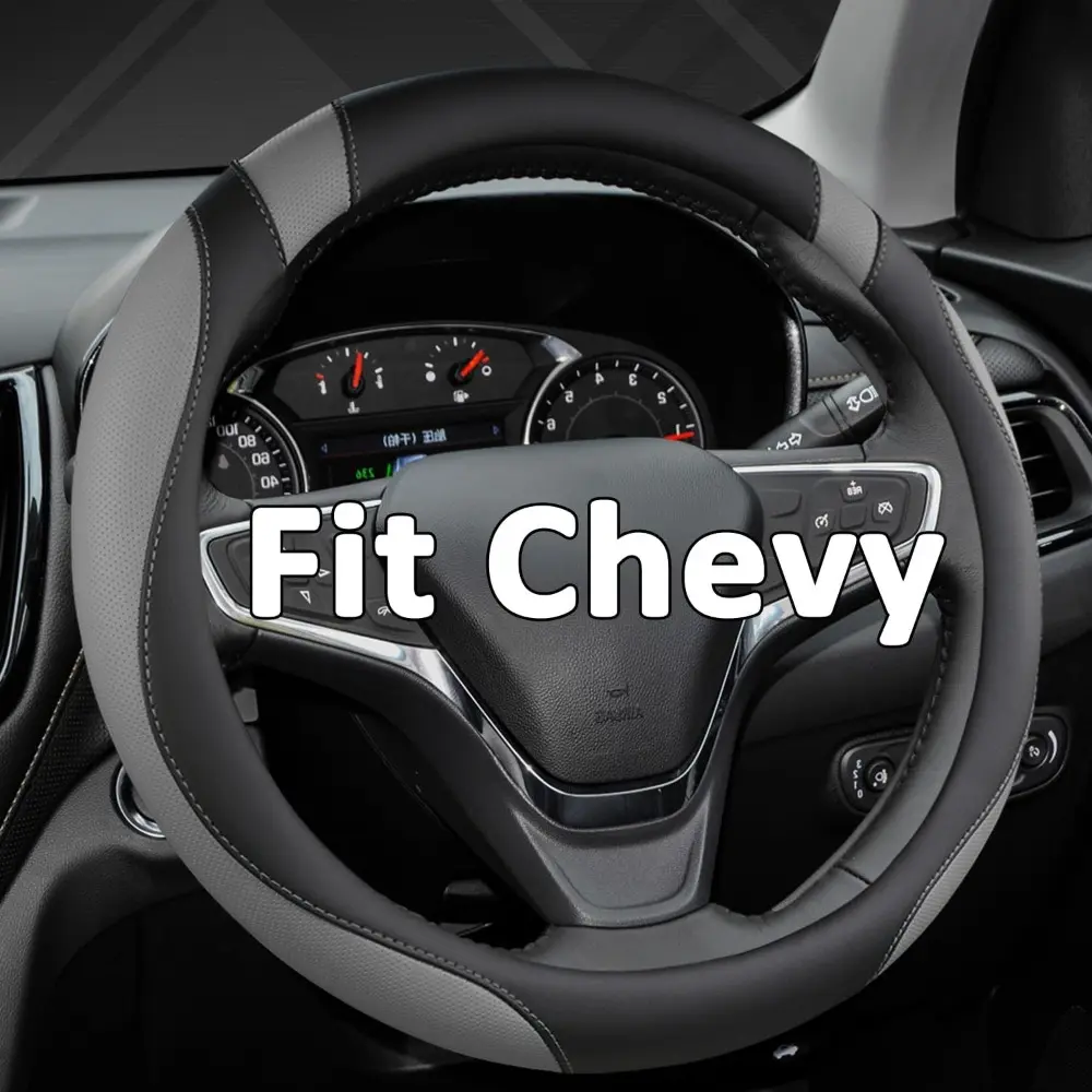 Customized Auto Car Steering Wheel Cover for Chevy Silverado, Tahoe, Equinox, Traverse, Trailblazer, Colorado (Black + Gray-Standard Size)