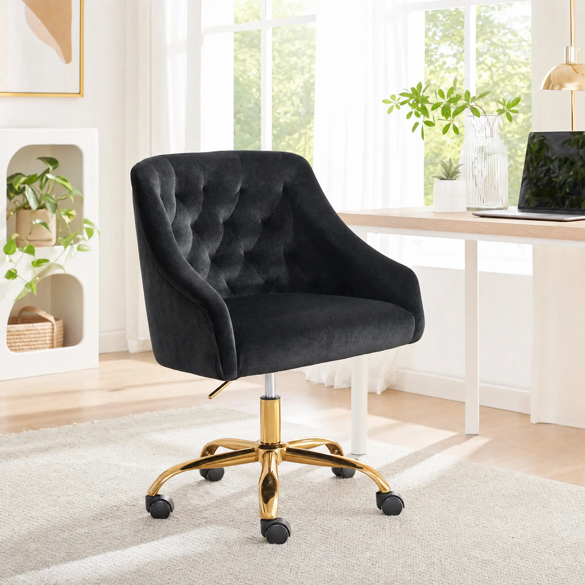 Velvet Vanity Chair for Girls, Swivel Criss Cross Desk Chair with Gold Base, Adjustable 360° for Bedroom & Makeup Table