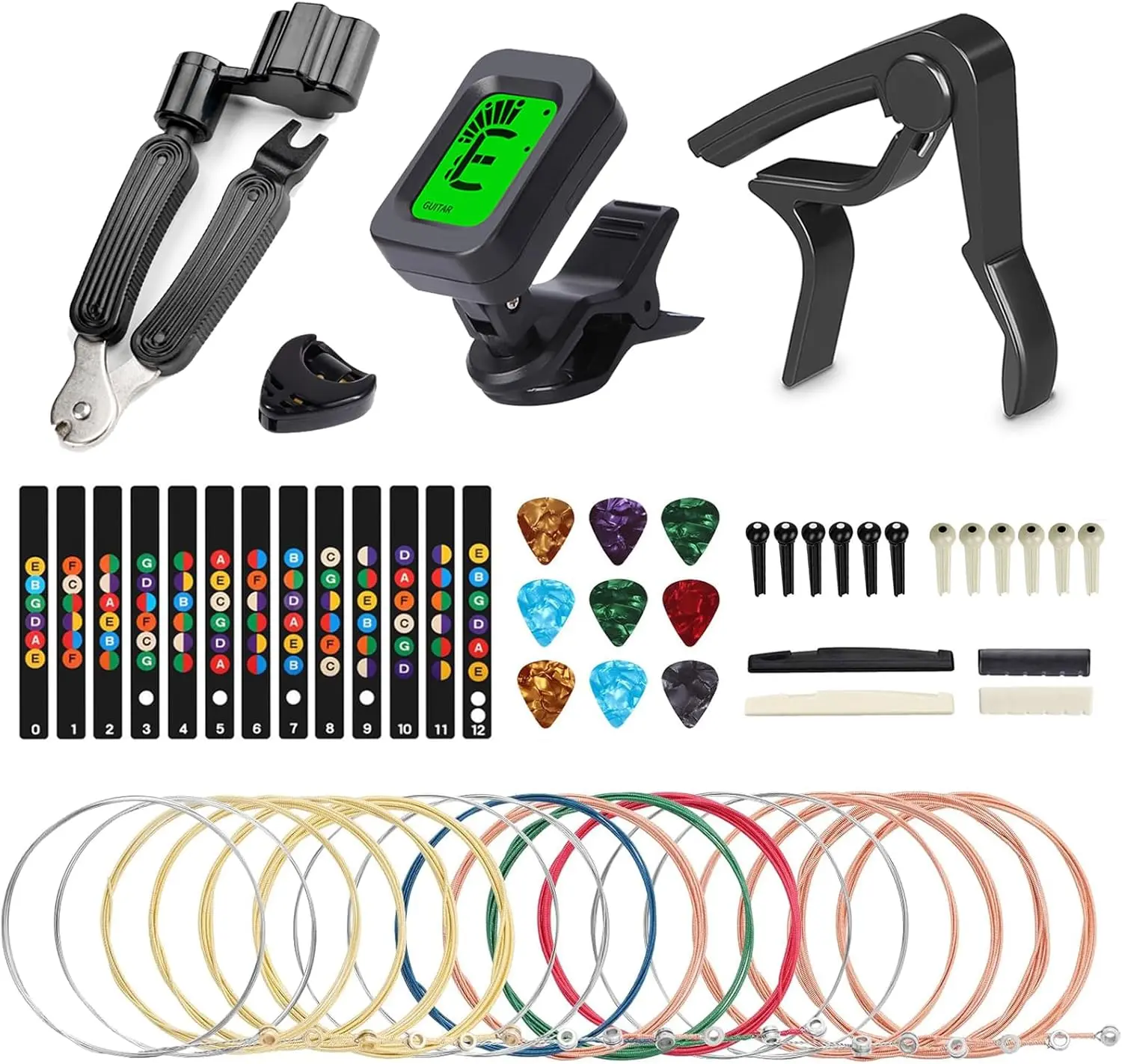 Guitar Accessories Kit Include Acoustic Guitar Strings, Tuner, Capo, 3-in-1 Restring Tool, Pick Holder