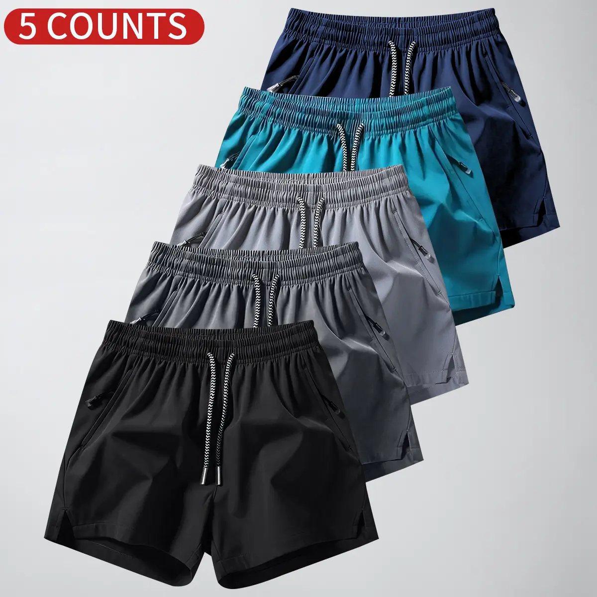 Men’s solid-color zip-drawstring athletic casual shorts—casual drawstring quick-dry shorts for running and sports; zippered pockets are breathable and quick-drying; suitable for casual wear, sports, and fitness—a perfect choice.