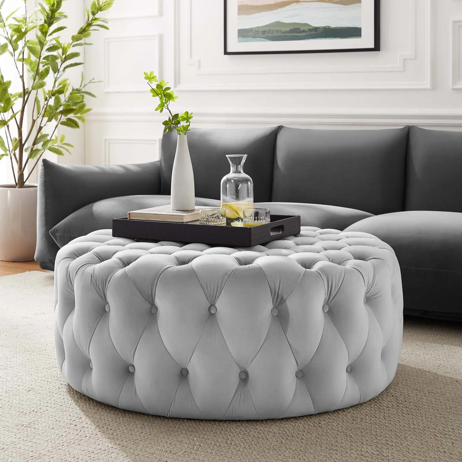 Modway Amour Tufted Upholstered Ottoman - Large Round Soft Padded Footstool, Performance Velvet, Light Gray Indoor Furniture Stool, Foot Rest Stool, Foam