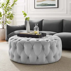 Modway Amour Tufted Button Large Round Performance Velvet Ottoman in Light Gray