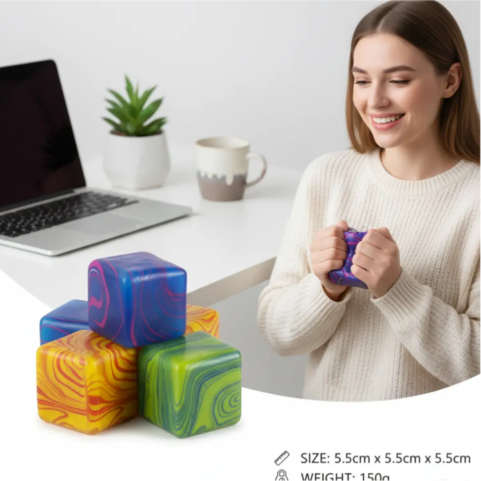 Vibrant Marble Squishy Cube for Stress Relief, 5.5cm Colorful Sensory Fidget Toy for Office Desk & Studying, Premium Heavyweight Anti-Anxiety Gift