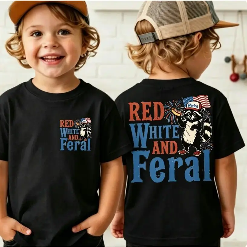 Red White and Feral T-Shirt, Patriotic Raccoon Toddler Tee, 4th of July Front Back Print Shirt for Boys, Cute Independence Day Top