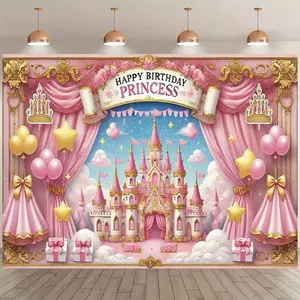 Princess Pink Crown & Curtain Pattern Birthday Party Background Banners - Ideal Birthday Item, Party Decoration, Suitable For Home, Garden, Indoor & Outdoor Decoration Courtyard Anniversary Celebration And Photo Props, Multi-Functional, 2d Flat