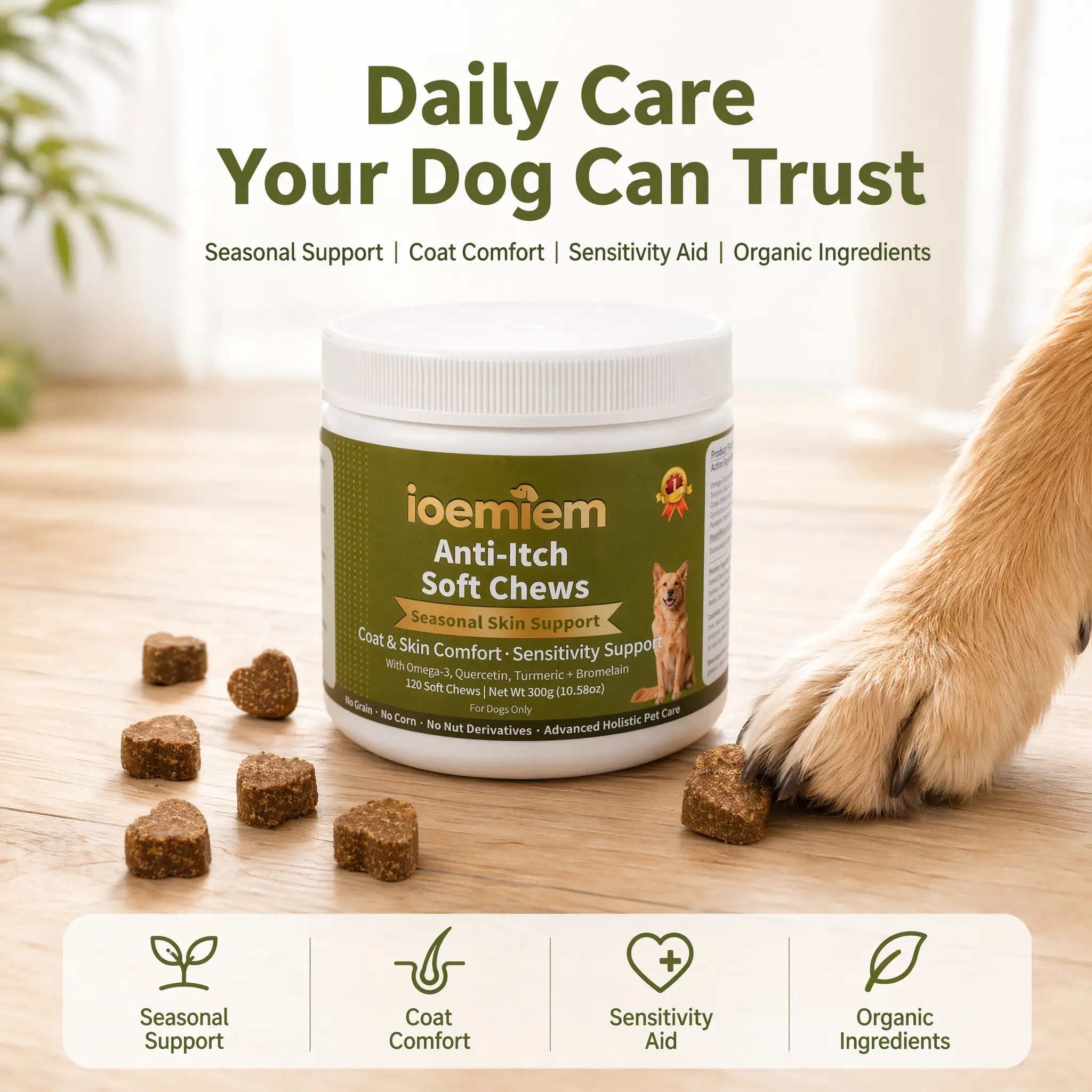 Ioemiem,Dog Allergy Relief, Anti Itch Chews for Dogs, seasonal allergy，Omega 3 for Dogs, Natural Antihistamine for Dogs, Quercetin for Dogs, Dog Immune Support Chews, dog itch relief， seasonal allergy，  dog skin， itchy skin bacon flavor ，coat， astragalus
