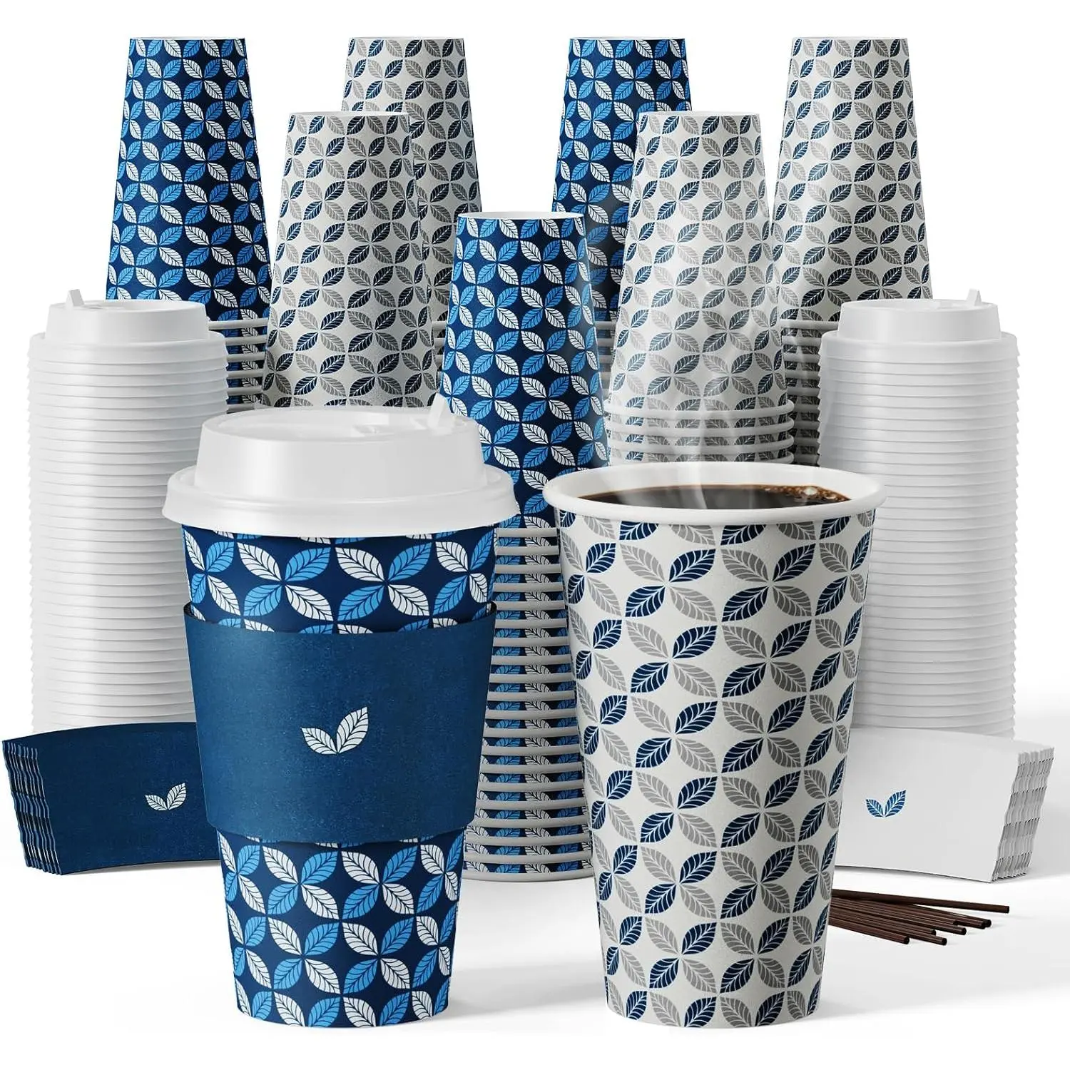16 oz Durable Leakproof Disposable Leaf Print Hot Paper Coffee Cups Set, 100-Pack with Insulated Tight-Fitting Sleeves & Stirrers for Thanksgiving, Parties (Home & Festive Disposable Tableware Set), Beverages