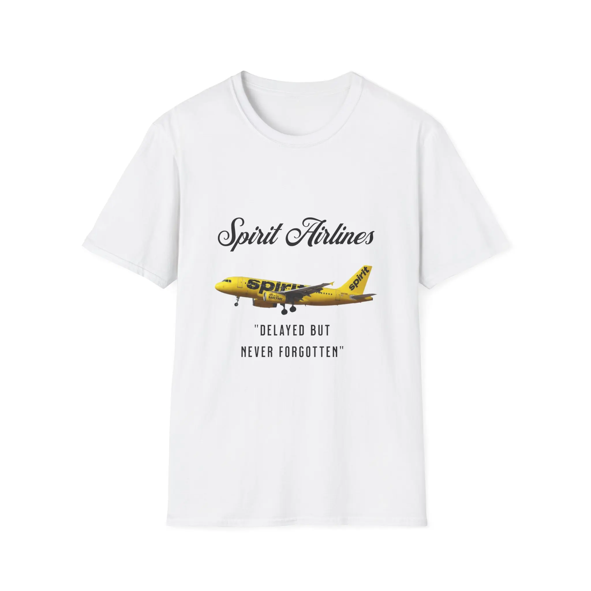 Spirit Airlines yellow airplane T-Shirt | Delayed But Never Forgotten design