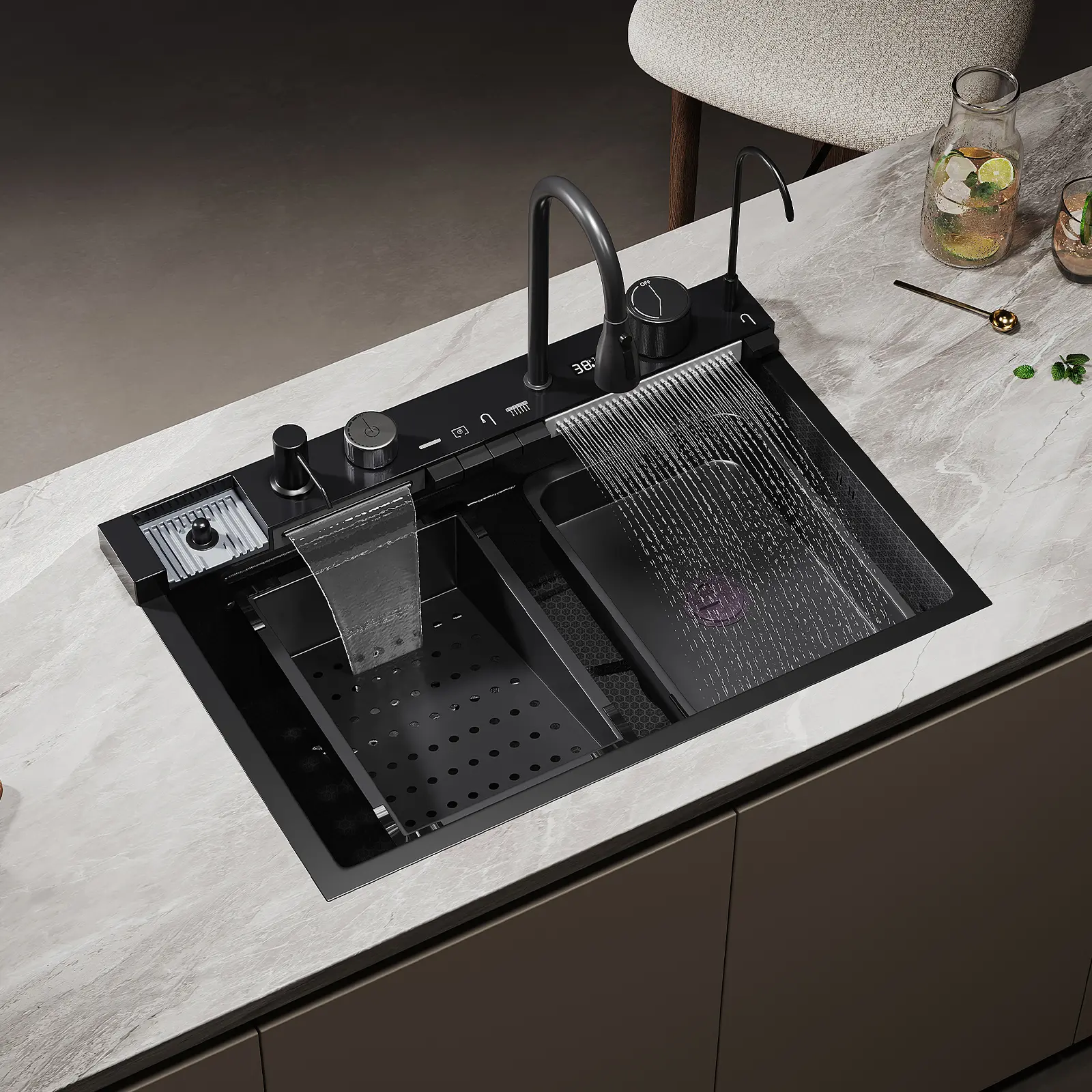 HYSTINKAT Whale-Design Sink Suite - Dual Waterfall Faucets with Touch Controls & Integrated Drain, Extra-Deep Composite Basin for Luxury Kitchens/Entertaining Areas, Tool-Free Install, Noise-Reducing & Easy-Clean