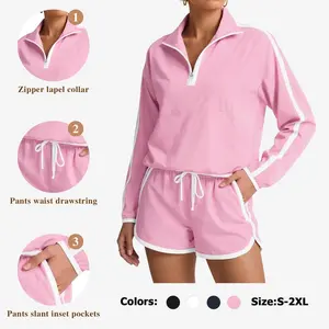 Womens 2 Piece Outfits Sets Half Zip V Neck Long Sleeve Pullover Tops Shorts Casual Tennis Running Tracksuits #Springtok #TikTokShopHolidayHaul #TikTokShopJumpstartSale