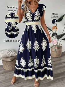 Women's Fitted V Neck Ruffle Hem A-Line Dress, Elegant All Over Print, Elastic Waist, Woven Fabric, Casual Vacation Wear