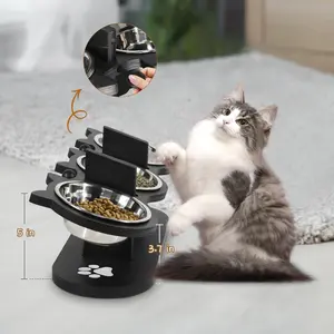 Pet Bowl Rack Inclined Water Dispenser Vertical Cat Food Dish Dining Table Indoor Cat Special, Adjustable Height Black Rack, 3 Stainless Steel Elevated Cat Food Bowl Racks, 15 °      Rotating Cat Food and Water Bowl Set Cat Food Bowl cat food