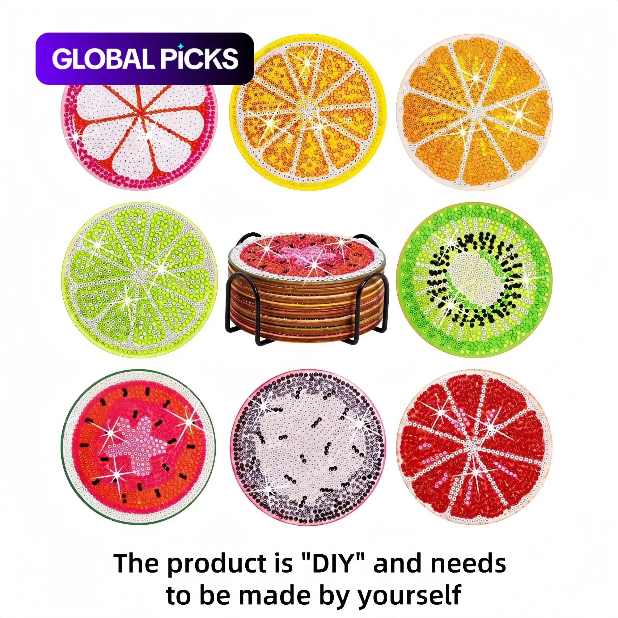 DIY Diamond Painting Coasters, Diamond Art Coasters, 8-Piece Fruit Pattern Coaster Set with Stand, Decorative Craft for Home and Office Coffee Tables #GLOBAL PICKS