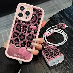 Cute Bowknot & Leopard-print Pattern Phone Case with Charger Head Cover & Cable Protector & Storage Rope, Anti-drop Protection Cellphone Protective Case for iPhone, Casing