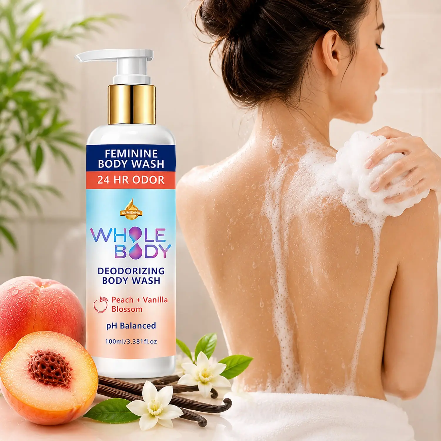 Full Body Deodorizing Intimate Care Shower Gel Body Wash, Peach, Vanilla, Solve Embarrassing Odor, Gentle on Sensitive Areas, Long-Lasting Freshness, Daily Use, Scented Body Wash