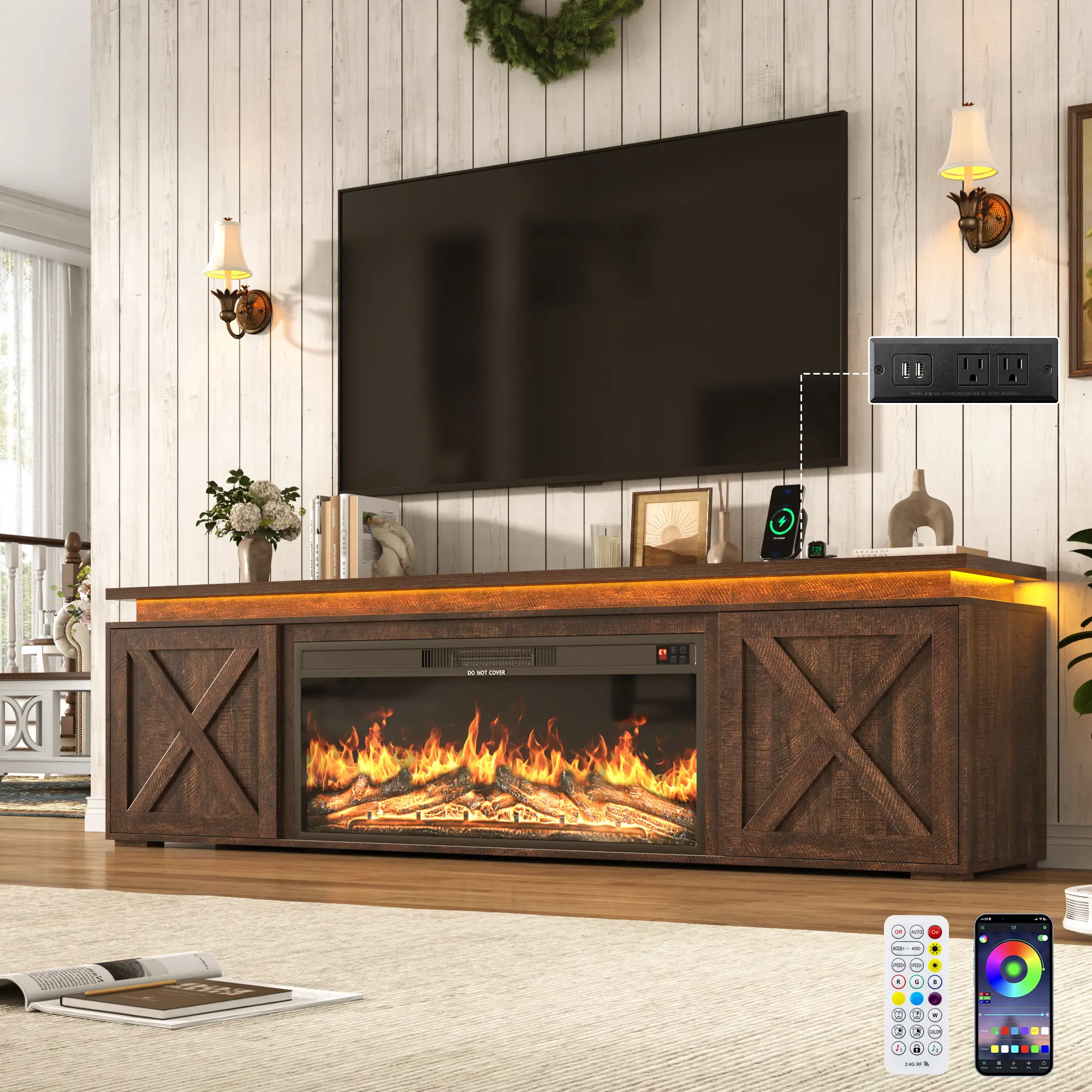 82.7in Farmhouse TV Stand with Storage, Barn Doors, LED Lights & Fireplace Option - Indoor Furniture for Man Cave Decor Wood Tv Stand