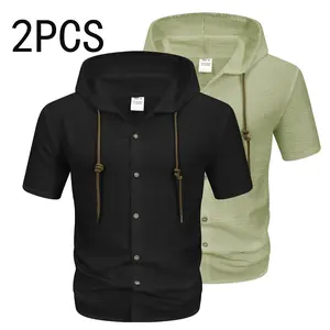 2-Pack Men’s Hooded Short-Sleeve Shirt – Summer Breathable Casual Solid Color Textured Cardigan Top