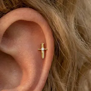 Threadless Dagger Stud by CelestialbyA&J • 16g 18g Tiny Dagger Flat Back Earring Hypoallergenic Cartilage Jewelry for Helix, Tragus, and Conch, Minimalist Sword Blade Labret Stud