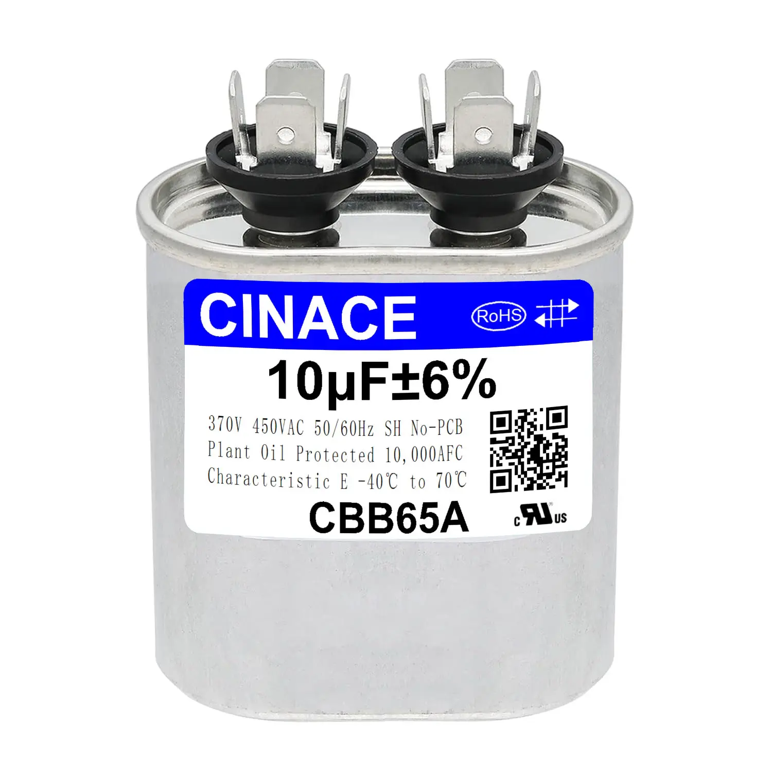 CINACE 10μF 10 MFD ±6% CBB65B Oval Dual Run Circular Start Capacitor, 370/450VAC 50/60Hz, AC Compressor & Fan Motor Capacitor for Air Conditioner, Condenser Straight Cool, Heat Pump, HVAC System, Ice Maker