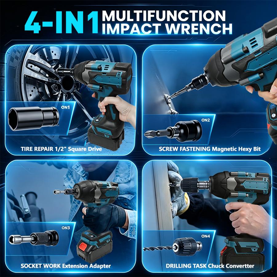 750N.M High Torque Brushless Cordless Impact Wrench 1/2 Inch, 4-in-1 Electric Impact Gun Kit with 2x Batteries, Complete Accessories & Storage Case, Power Tool for Car Lug Nut Removal & Household Construction, Fit Modified Vehicles