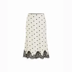 Cider Satin Mid Rise Polka Dot Lace Trim A-line Midi Skirt