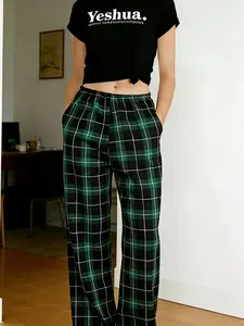 Green Plaid Wide Leg Pants, Casual Loungewear, Streetwear & Casual Chic Bottoms, Soft Plaid Fabric, Retro Plaid Aesthetic, Elastic High Waist, Oversized-Leg Fit, Versatile for Home & Outings, Perfect for Plaid/Retro Style Fans