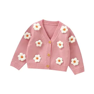 Custom Baby Girl Sweaters Cardigan Winter Autumn Outwear Ropa Bebe Hembra Handmade Flowers Baby Kid Knitted Clothes