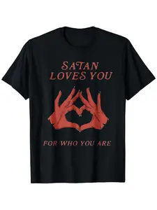 Men's T-Shirt Retro Edgy "Satan Loves You" Graphic Print Loose Fit Short Sleeved Top y2k Vintage Streetwear Christmas Thanksgiving Gift Cyber Monday - Distressed