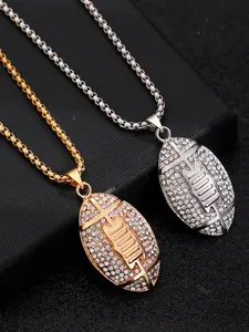 Trendy Hip-Hop Jewelry Alloy Gold Plated Unique Rhinestone Rugby Pendant Necklace, Stylish Accessory for Men & Women, Fashion Necklace