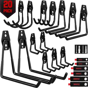 Heavy Duty Garage Storage Hooks Set (20 Pack), Wall Mount Steel Utility Hooks with Anti-Slip Coating & Cord Organizer for Ladders, Bikes, Tools & Garden Equipment
