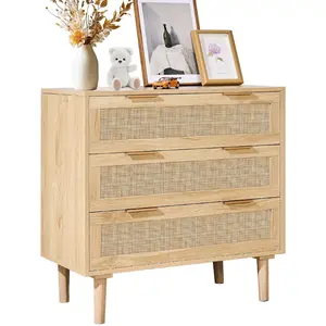 VEVOR 3 Drawer Rattan Dresser, Natural Rattan Closet Dresser with 3 Drawers, Modern Wood Chest Clothing Organizer Storage Boho Dresser with Sturdy Handles Legs, for Bedroom, Living Room Hallway