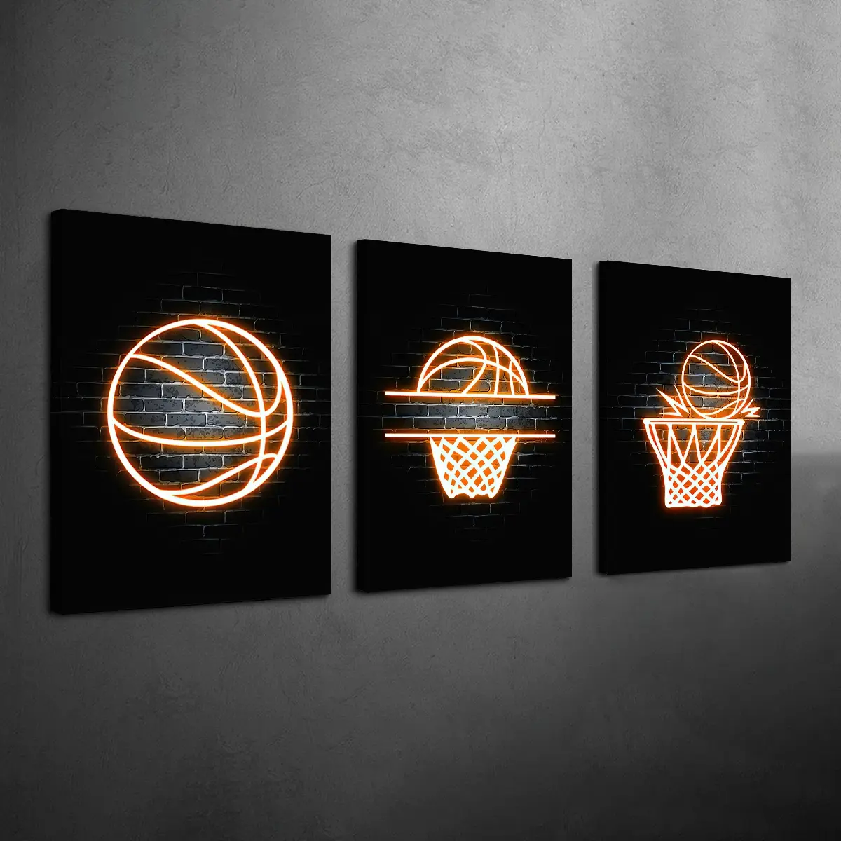 3 Counts Wood Framed Canvas Neon Basketball Wall Art, Ready to Hang, Sports Theme, Waterproof, Boy's Bedroom, Living Room, Bedroom, Dining Room, Wooden Wall Art, Wall Decoration, Decoration Items