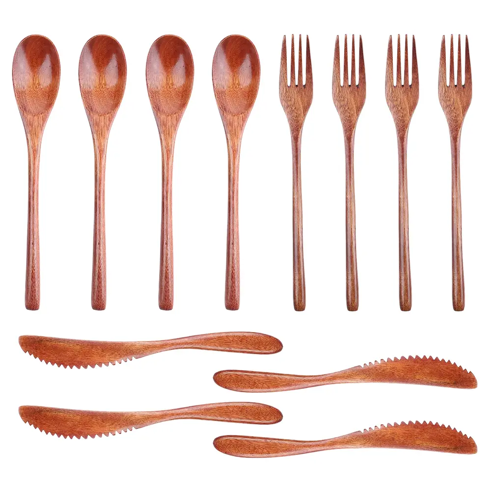 12-Pack Reusable Lightweight Wooden Cutlery Set, Spoon-Fork-Knife Flatware, Eco-Friendly Kitchen Cutlery Set for Home Kitchen & Camping Use