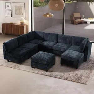 Modern L-Shaped Modular Sectional Sofa (L-Shaped Couch) with Memory Foam, 4-8 Seats, Storage Seats, Convertible Chaise, Ottoman, Black Textured Fabric, Indoor Living Room Furniture Set - Requires Assembly