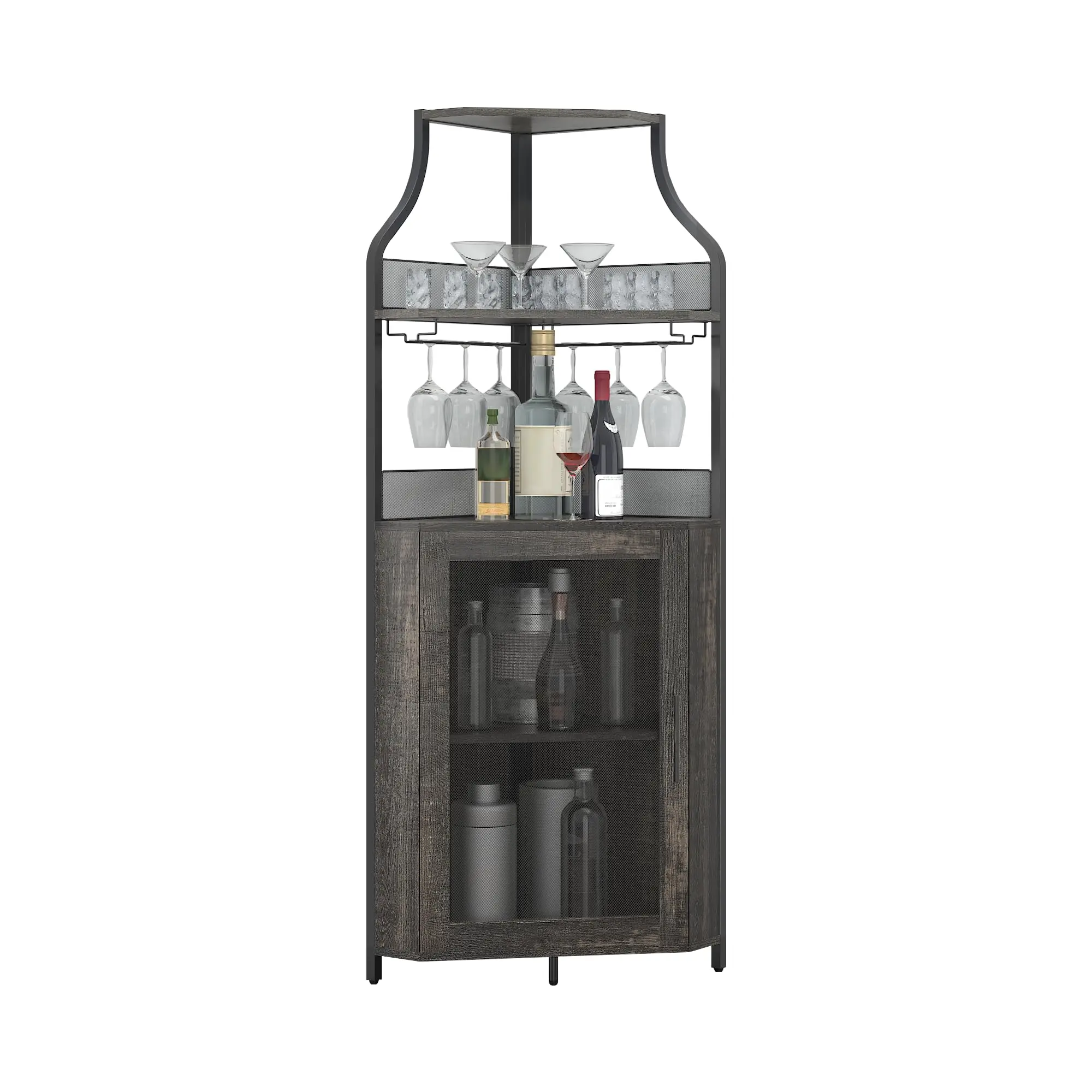 Garvee Corner Wine Cabinet, Industrial Bar Furniture with 5 Levels including Wine Rack and Glass Holder, Wine Shelf with Mesh Door for Living Room, Bar, Dining Room, Kitchen, Dark Gray