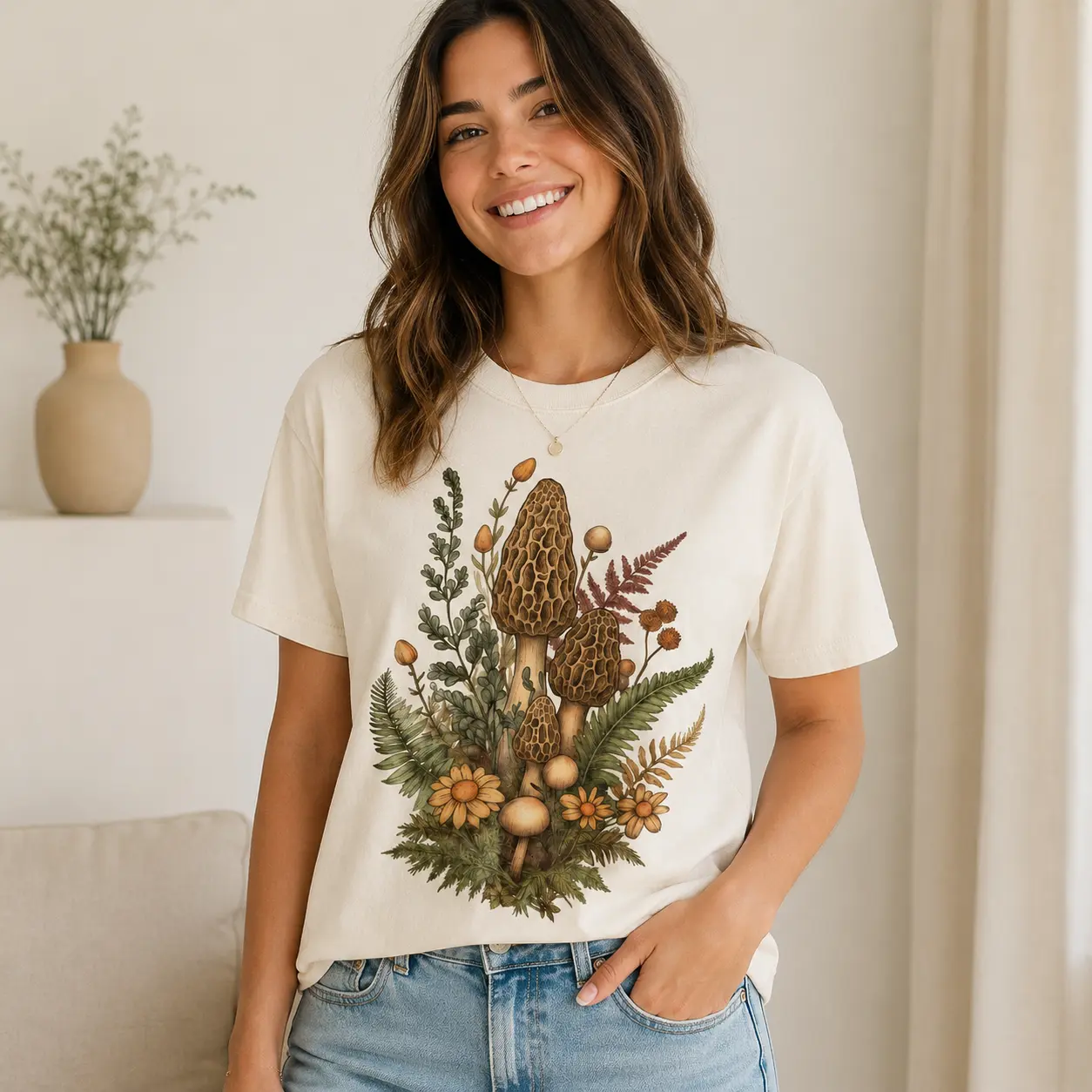 Morel Mushroom Graphic Shirt Vintage Cottagecore Wildflower Forest Nature Tee