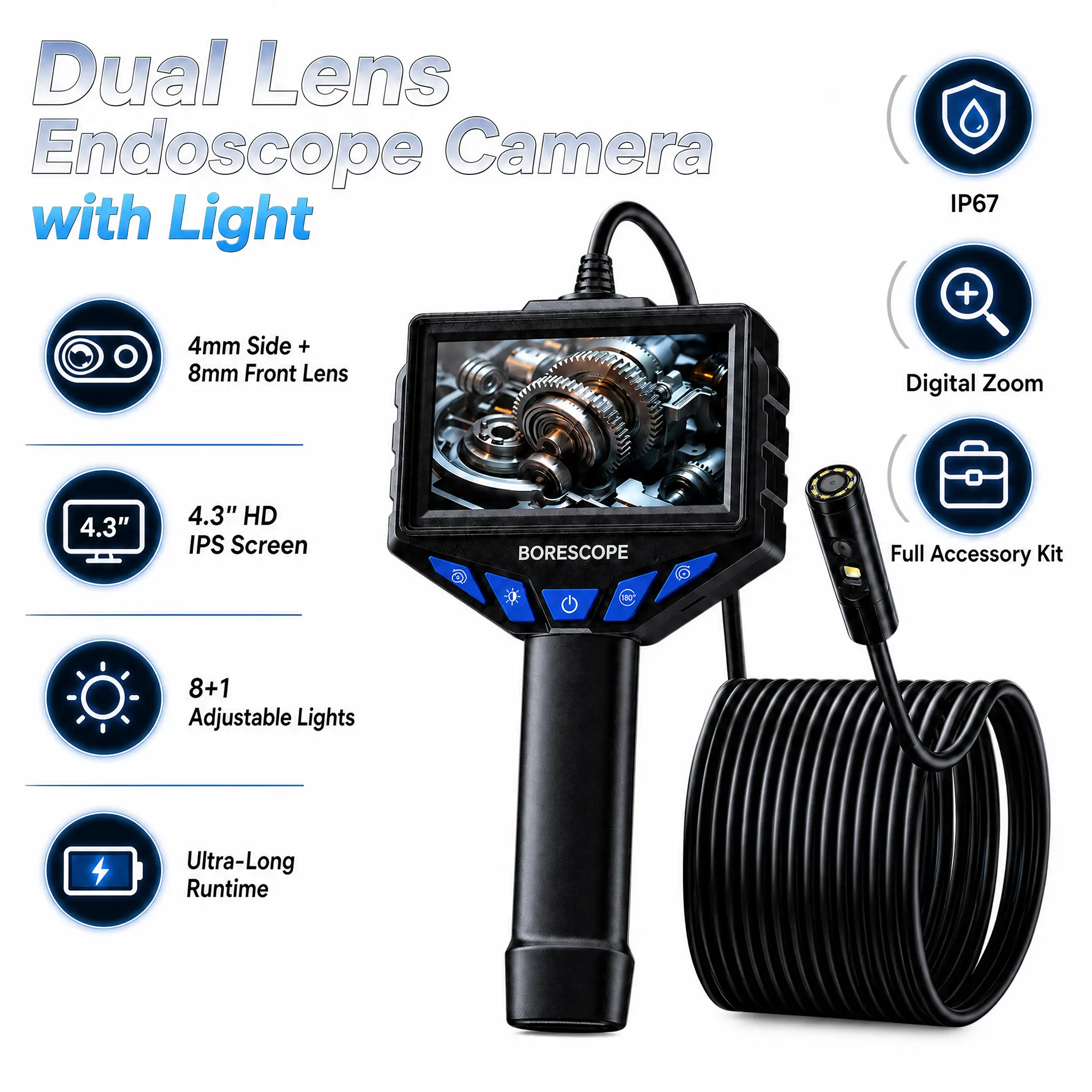 1080P HD Handheld Borescope Camera with Batteries - Auto Repair Tool, Industrial Endoscope for Engine Bay Inspect, Reach Engine Tubes, Plumbing Maintenance