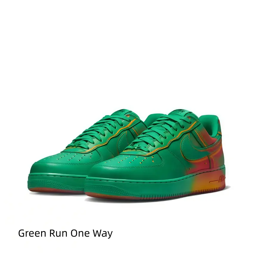 Artistic Bright Green Orange Fade Gradient Splash Leather Low Top Casual Sneakers Sleek Monochrome Matching Embossed Swoosh Detail Flat Lightweight All Season Summer Urban Fashion Trainers