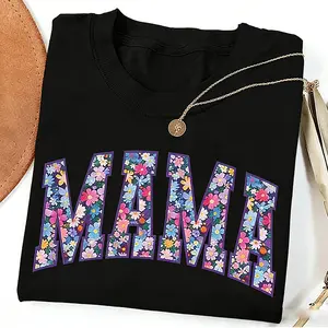 Black Mama T-shirt, Floral Mom Spring Tee, Trendy Mom Tshirt, Women's Flower Mama T-shirt, Spring Pregnancy Reveal Gift For New Mom